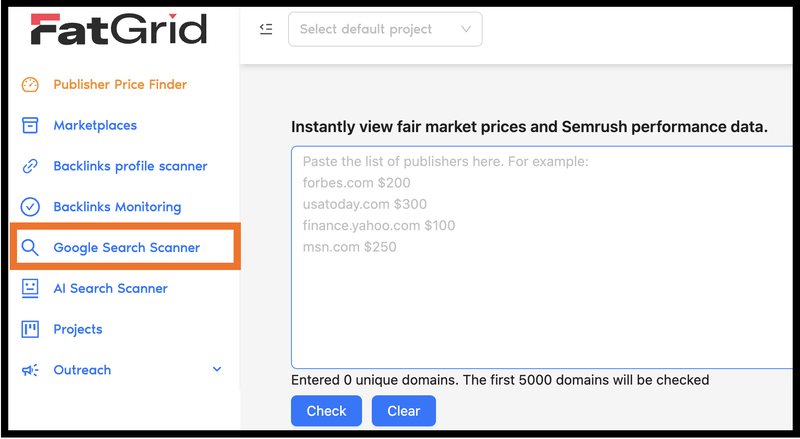 FatGrid Google Search Scanner tab