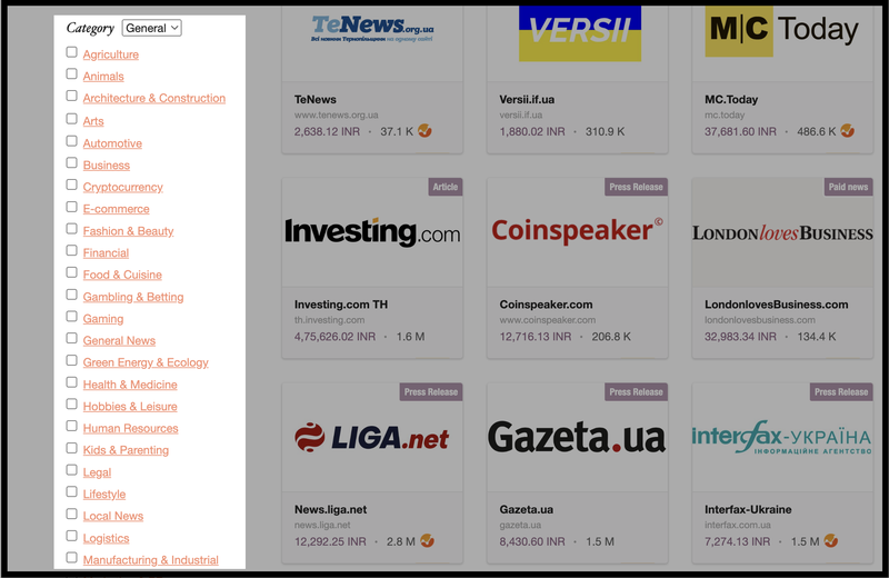 Filter by niches and categories in guestposting marketplace