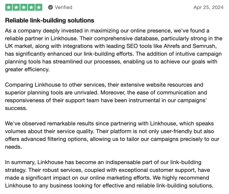 Linkhouse review on Trustpilot