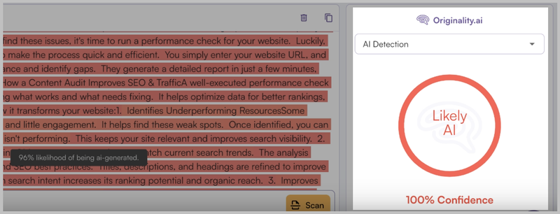 Originality AI detector on Outreach Monks link article