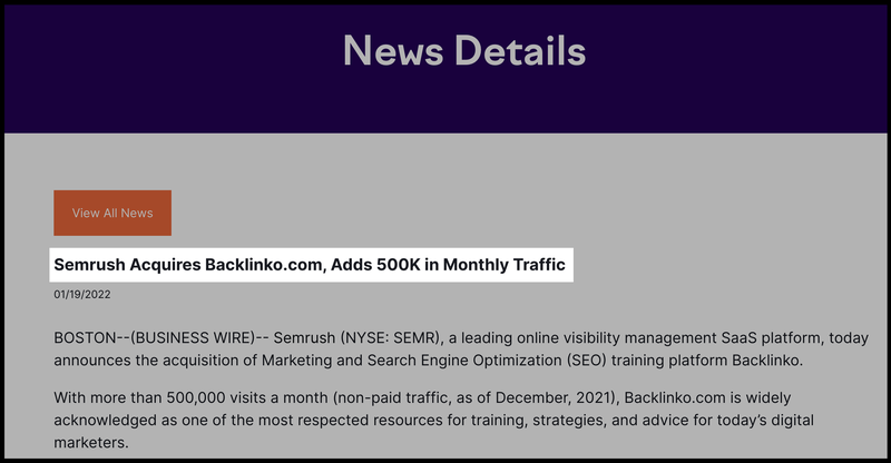 Semrush announcement of Backlinko acquisition