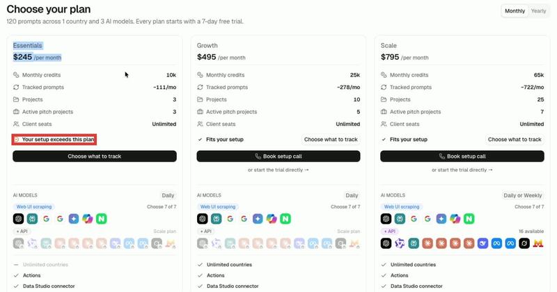 Peec AI Choose your plan screen after onboarding: the $245 Essentials plan shows Your setup exceeds this plan