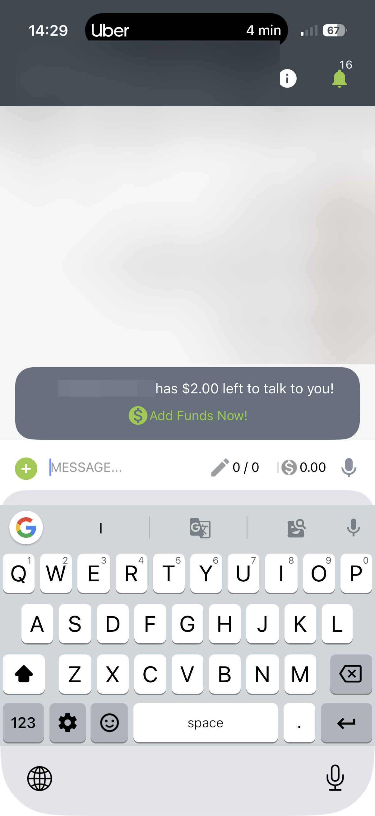 HomeWAV chat showing low balance warning: has $2.00 left to talk to you, with Add Funds Now button