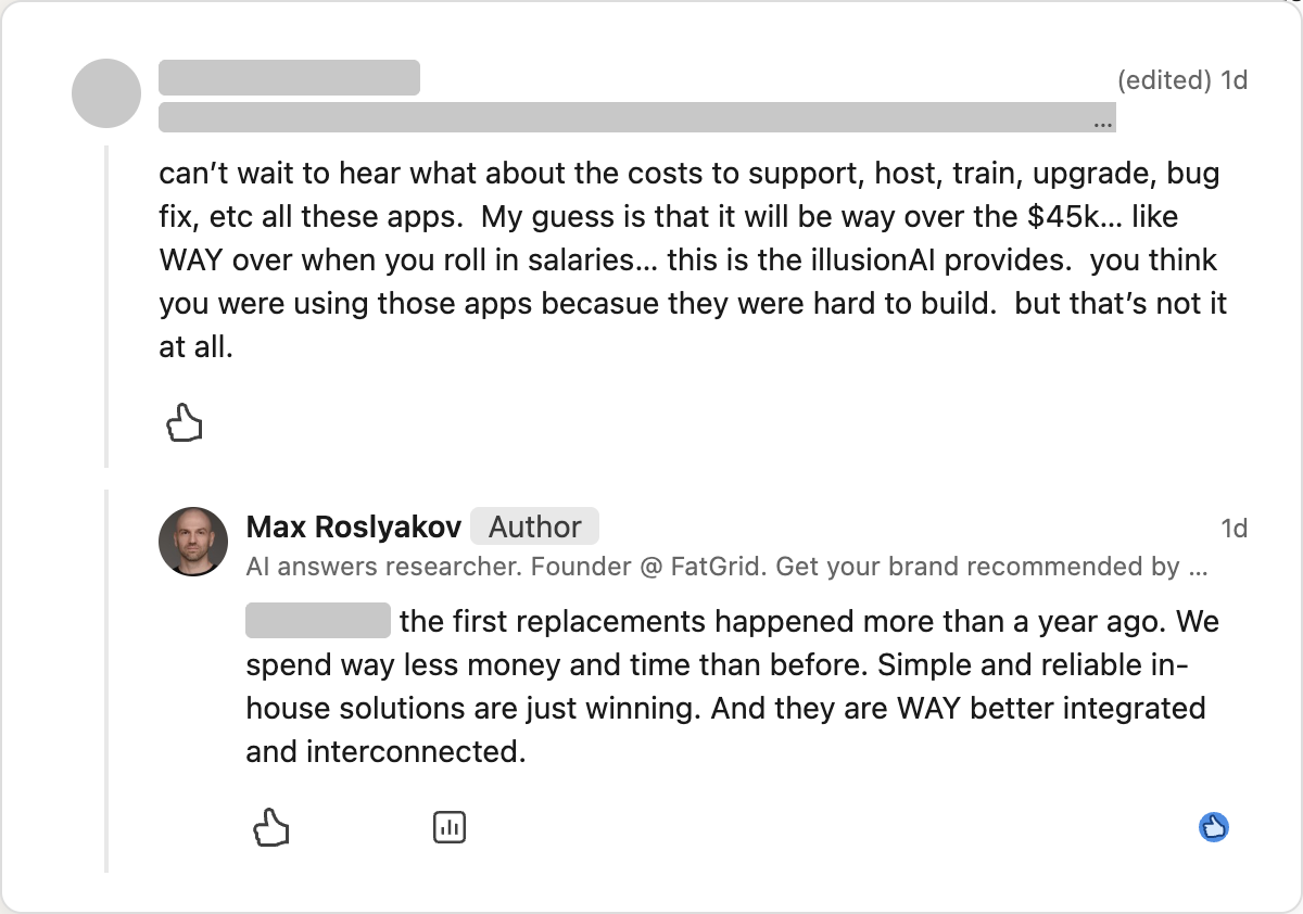 A LinkedIn comment saying the cost to support, host, train, upgrade and fix these apps will be way over $45k once salaries are counted, and my reply that the first replacements are over a year old and cost less money and time.
