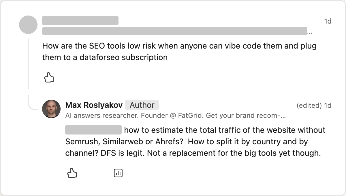 A LinkedIn comment asking how SEO tools are low risk when anyone can vibe-code them on top of DataForSEO, and my reply asking how to estimate a website's total traffic by country and channel without Semrush, Similarweb or Ahrefs.