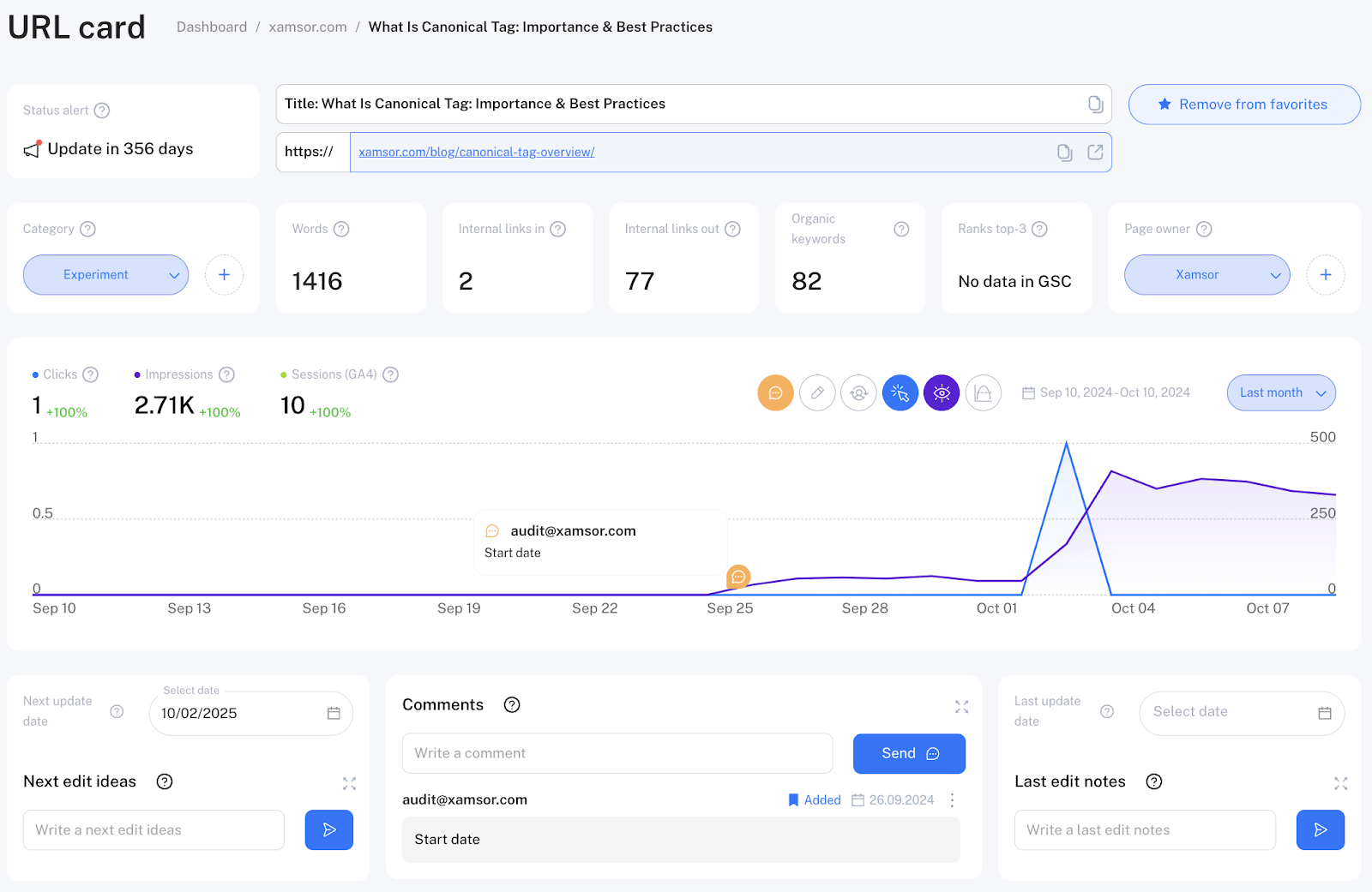 xamsor post performance - screenshot from content audit tool